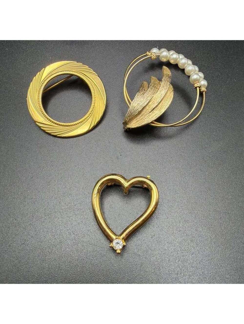Set of 3 Vintage Gold Tone Brooches with Faux Pearls and Rhinestone Accent